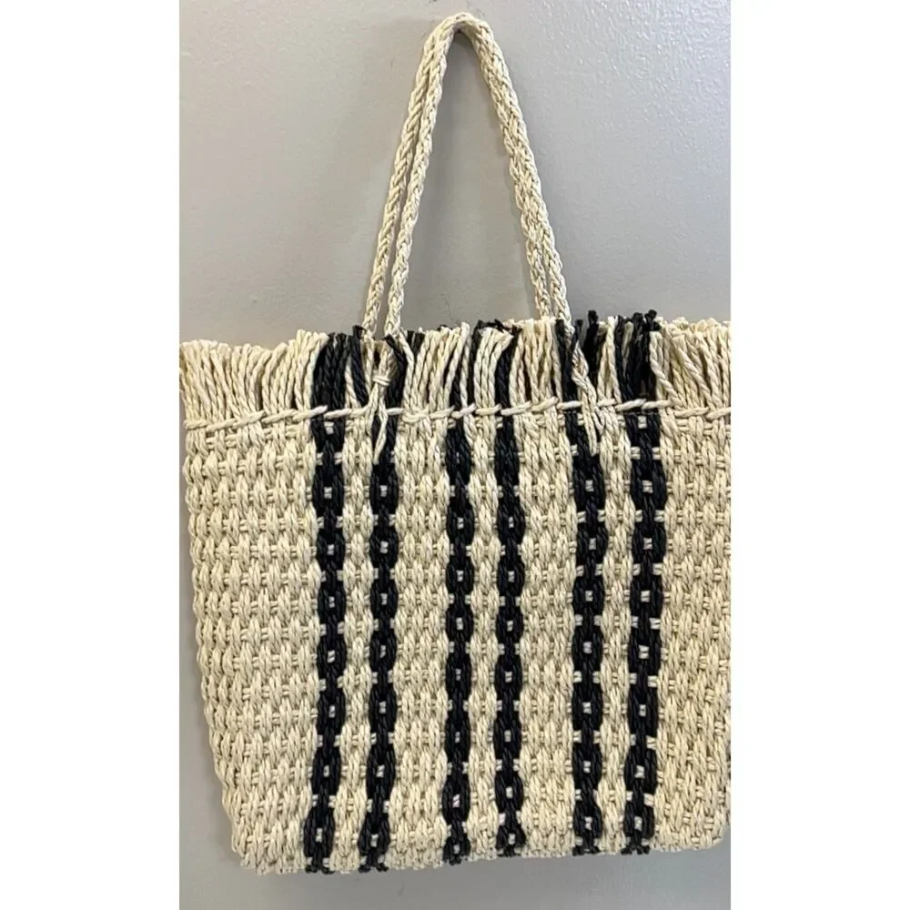 NWT Haute Hippie tan with black stripes raffia straw tote bag